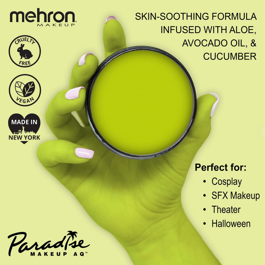 Mehron Paradise Makeup Lime, vegan en huidvriendelijk, verkrijgbaar bij SchminkenGrime.nl Informatie-afbeelding met hand en Mehron Paradise Lime facepaint met vegan keurmerk, verkrijgbaar bij SchminkenGrime.nl