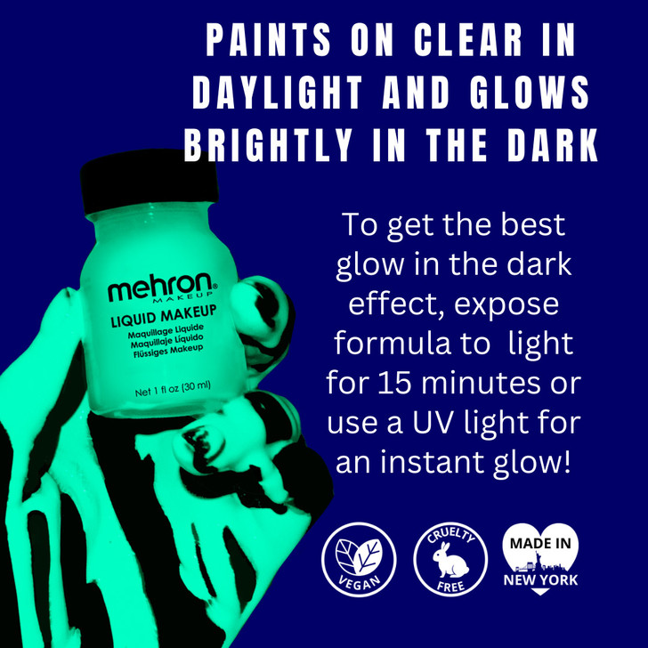 Informatieve afbeelding van Mehron Liquid Makeup Glow-in-the-Dark (135ml), lichtgevende vloeibare schmink voor special effects, feestjes en Halloween, vegan en makkelijk afwasbaar, verkrijgbaar bij SchminkenGrime.nl