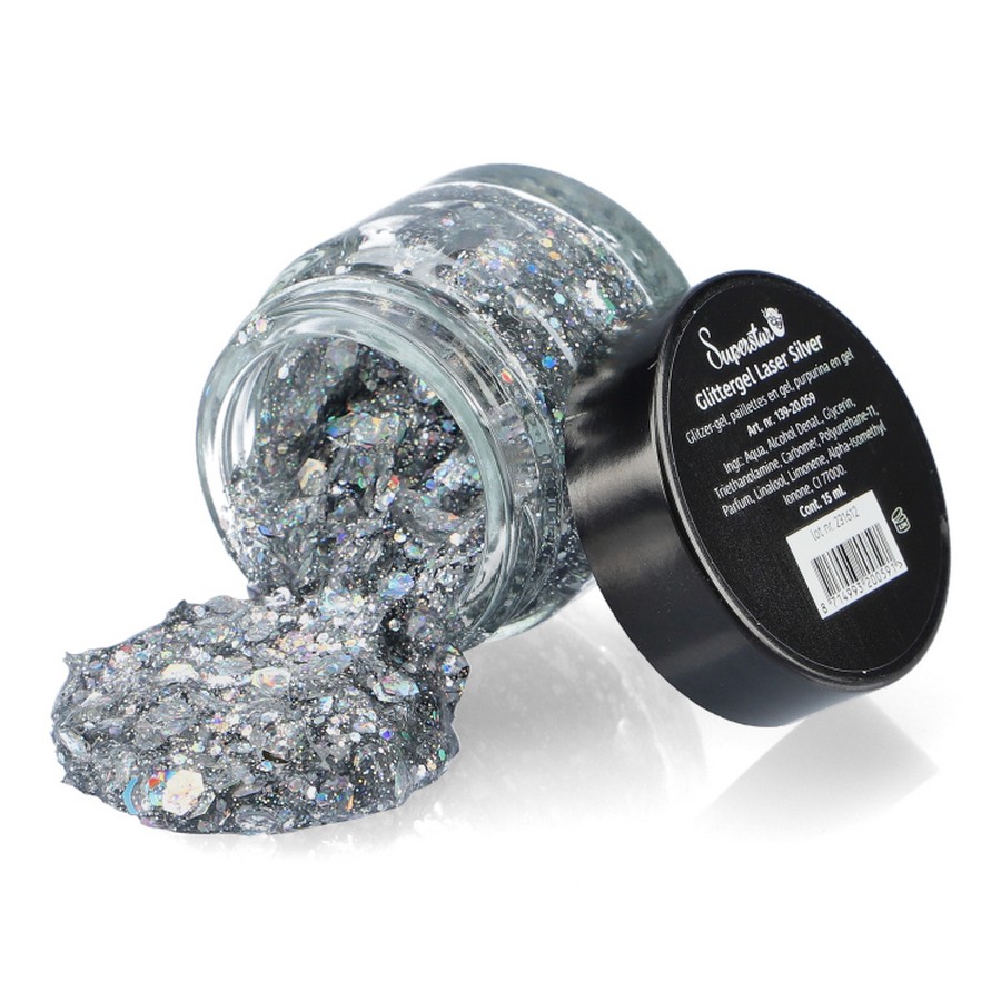Superstar Chunky Glittergel Laser Silver 15ml met zilveren chunky glitters, perfect voor feestlooks, verkrijgbaar bij SchminkenGrime.nl