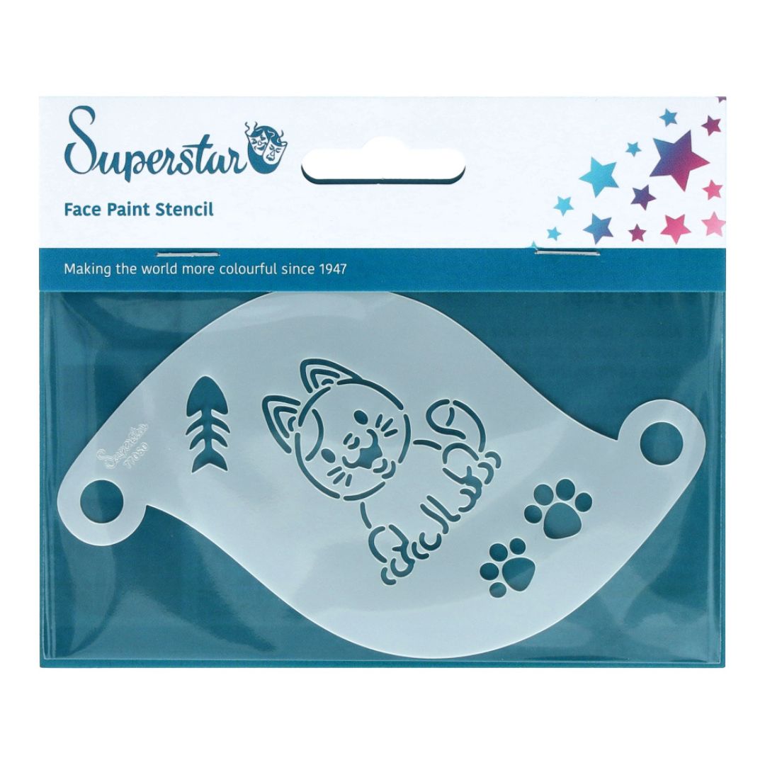 Superstar schminksjabloon Cute Cat – verkrijgbaar bij SchminkenGrime.nl Superstar schminksjabloon Cute Cat met katje, pootafdrukken en visgraat, ideaal voor jonge kinderen, verkrijgbaar bij SchminkenGrime.nl