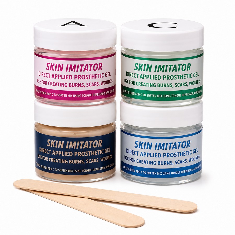 Neill's Materials Skin Imitator Starter Kit met transparante opbergtas, silicone onderdelen en mengspatel voor het maken van wonden, littekens en brandwonden, verkrijgbaar bij SchminkenGrime.nl