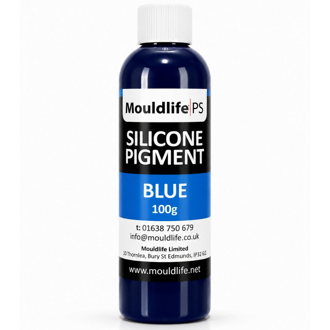 Mouldlife Silicone Pigment Blauw 100 gram, hoog geconcentreerd siliconenpigment waarvan één druppel volstaat om silicone zoals Platsil te kleuren, voor SFX-prothesen verkrijgbaar bij SchminkenGrime.nl