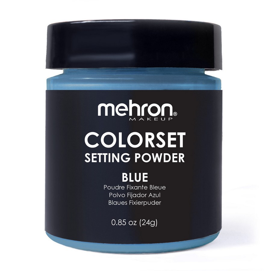 Potje Mehron Colorset Powder Bold Blauw van 24 gram, blauwe setting powder met zwarte schroefdeksel.