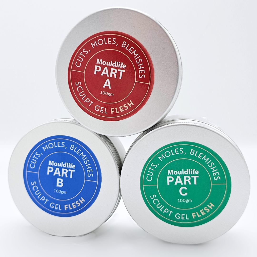 Mouldlife Sculpt Gel Flesh 300g drie potten met rode blauwe en groene labels, verkrijgbaar bij SchminkenGrime.nl