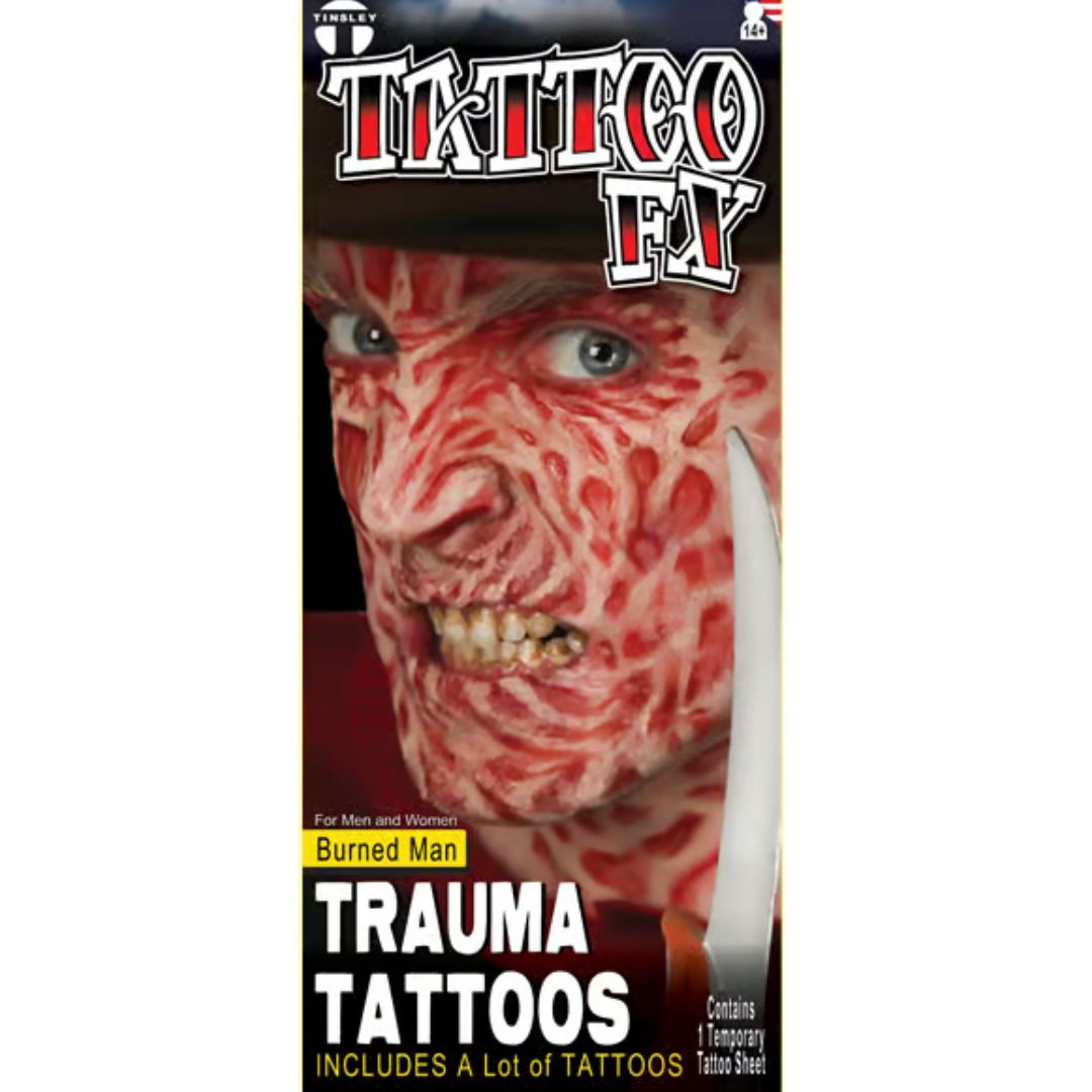 Tinsley Transfers Torched Tattoo met realistische brandwonden, tijdelijke horror tattoo voor SFX, verkrijgbaar bij SchminkenGrime.nl