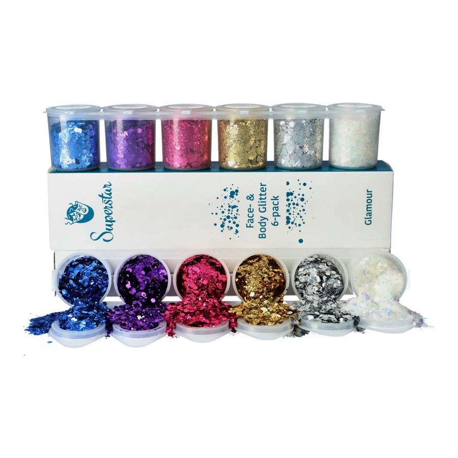 Superstar Chunky Glitterset Glamour met glitter in wit, zilver, goud, roze, paars en blauw, verkrijgbaar bij SchminkenGrime.nl