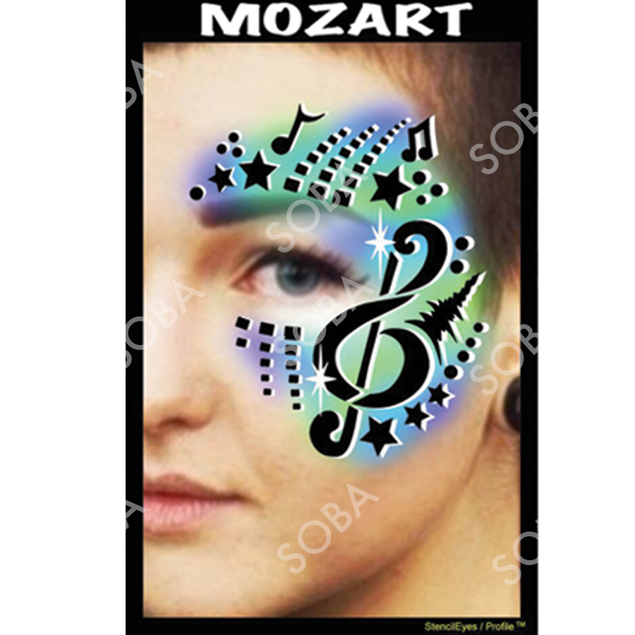 ProAiir Profile Stencil Mozart met sierlijke muziekelementen zoals notenbalken en vioolsleutel, ideaal voor muzikale schminkontwerpen, verkrijgbaar bij SchminkenGrime.nl