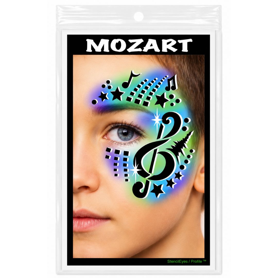 ProAiir Profile Stencil Mozart met sierlijke muziekelementen zoals notenbalken en vioolsleutel, ideaal voor muzikale schminkontwerpen, verkrijgbaar bij SchminkenGrime.nl