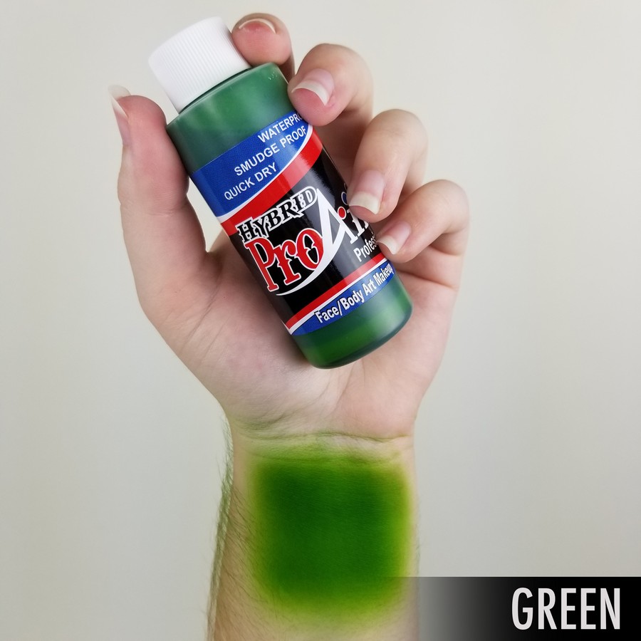 ProAiir Hybrid Green arm swatch met klassieke groene airbrush schmink op alcoholbasis, geschikt voor allerlei facepaint toepassingen, verkrijgbaar bij SchminkenGrime.nl
