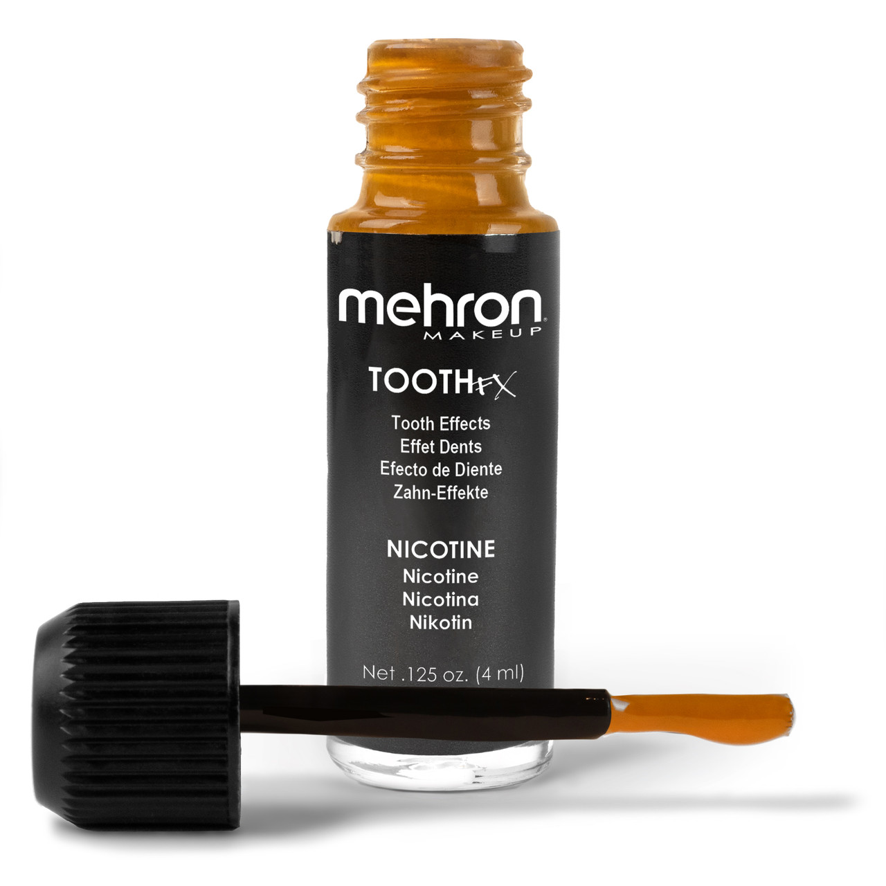 Mehron Tooth FX Nicotine – professioneel product voor gele tanden effect | SchminkenGrime.nl Mehron Tooth FX Nicotine flesje open – professionele tandverf met penseelapplicator. Bestel bij SchminkenGrime.nl