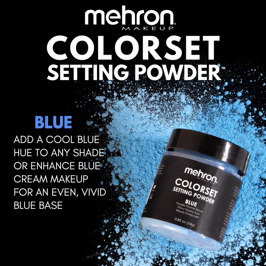 Mehron Colorset Powder Bold Blauw matteert en intensiveert blauwe crème-schmink in één stap.