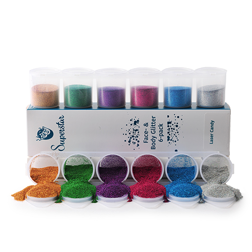 Superstar Laser Candy Glitter 6-pack (90ml), voor schmink & glitter tattoos, verkrijgbaar bij SchminkenGrime.nl Superstar Laser Candy Fine Glitter Mix 6-pack, 90 ml aan holografische fijne glitters in vrolijke kleuren, ideaal voor schmink, glitter tattoos en opvallende effecten, verkrijgbaar bij SchminkenGrime.nl