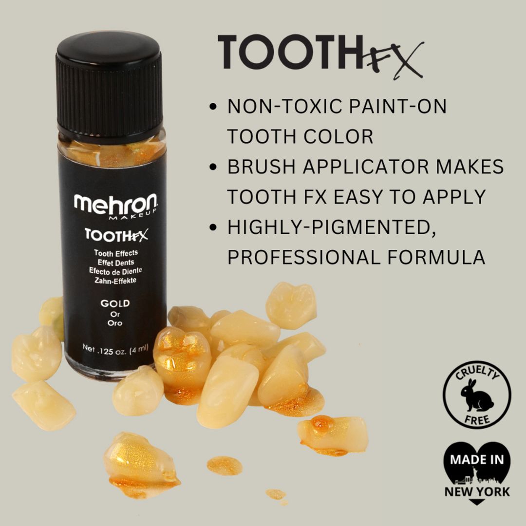 Mehron Tooth FX Gold (4ml) kopen bij SchminkenGrime.nl Mehron Tooth FX Gold – tandlak met metallic effect, verkrijgbaar bij SchminkenGrime.nl
