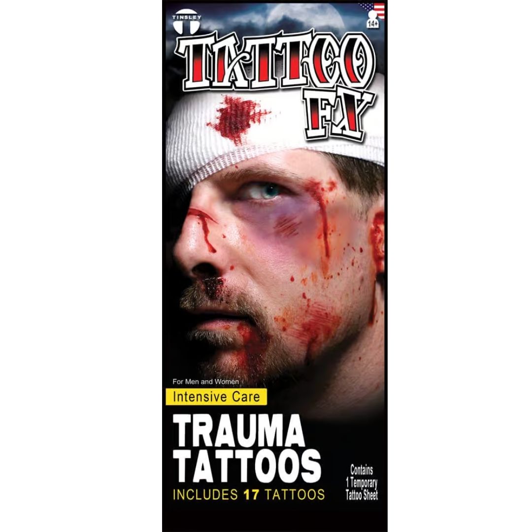 Tinsley Transfers Intensive Care Tattoo in verpakking – verkrijgbaar bij SchminkenGrime.nl Verpakking van Tinsley Transfers Intensive Care Trauma Tattoo, verkrijgbaar bij SchminkenGrime.nl