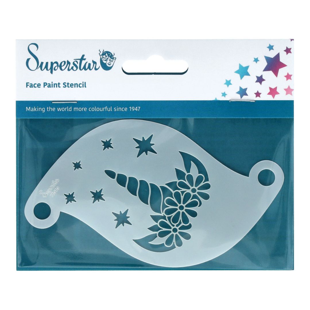Superstar schminksjabloon Blossom Unicorn – verkrijgbaar bij SchminkenGrime.nl Superstar schminksjabloon Blossom Unicorn met bloemen en sterrenpatroon, ideaal voor eenhoorn schminkdesigns, verkrijgbaar bij SchminkenGrime.nl