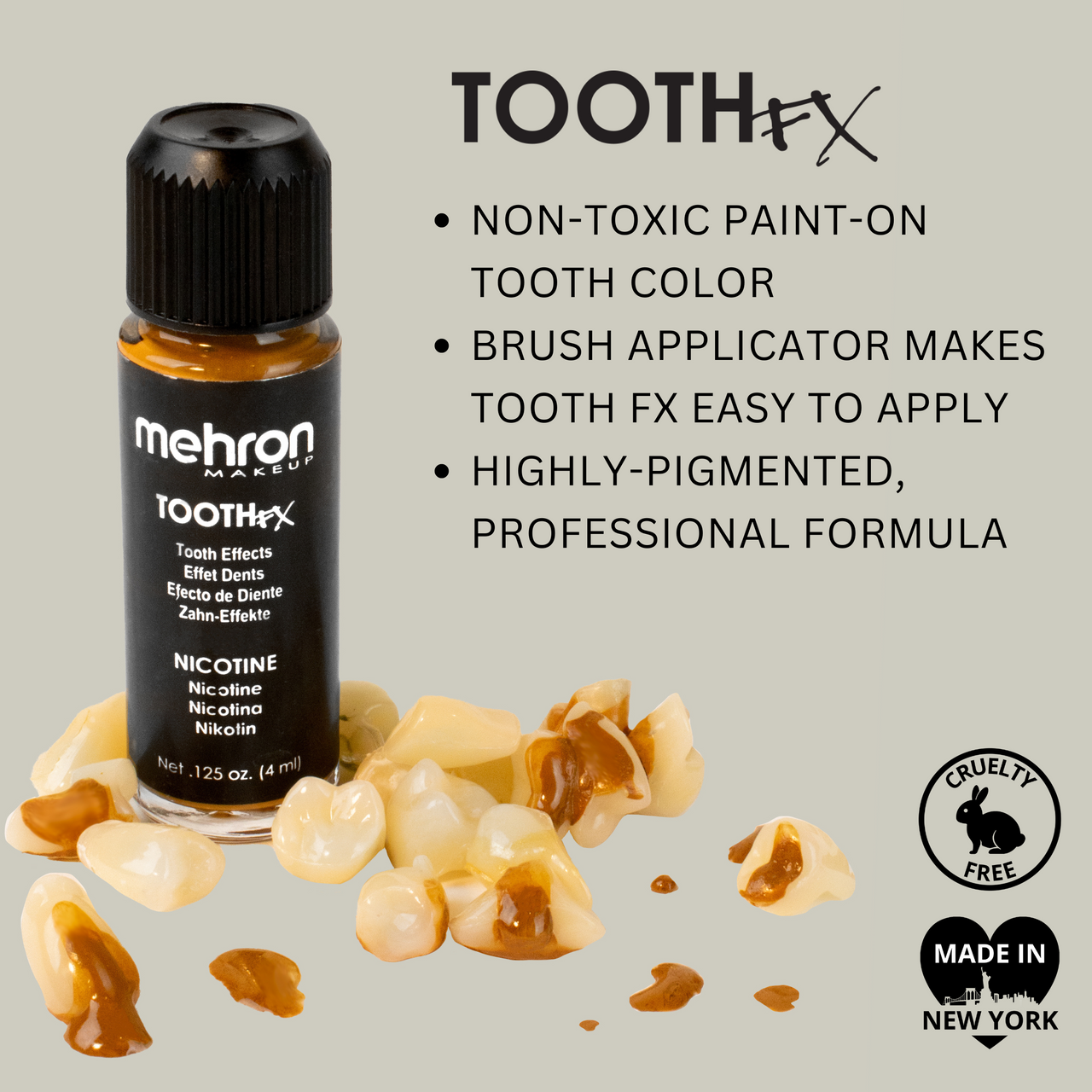 Mehron Tooth FX Nicotine – voor een vergeeld nicotine-effect op tanden | SchminkenGrime.nl Mehron Tooth FX Nicotine – tandverf voor een vergeeld, door nicotine aangetast effect. Verkrijgbaar bij SchminkenGrime.nl