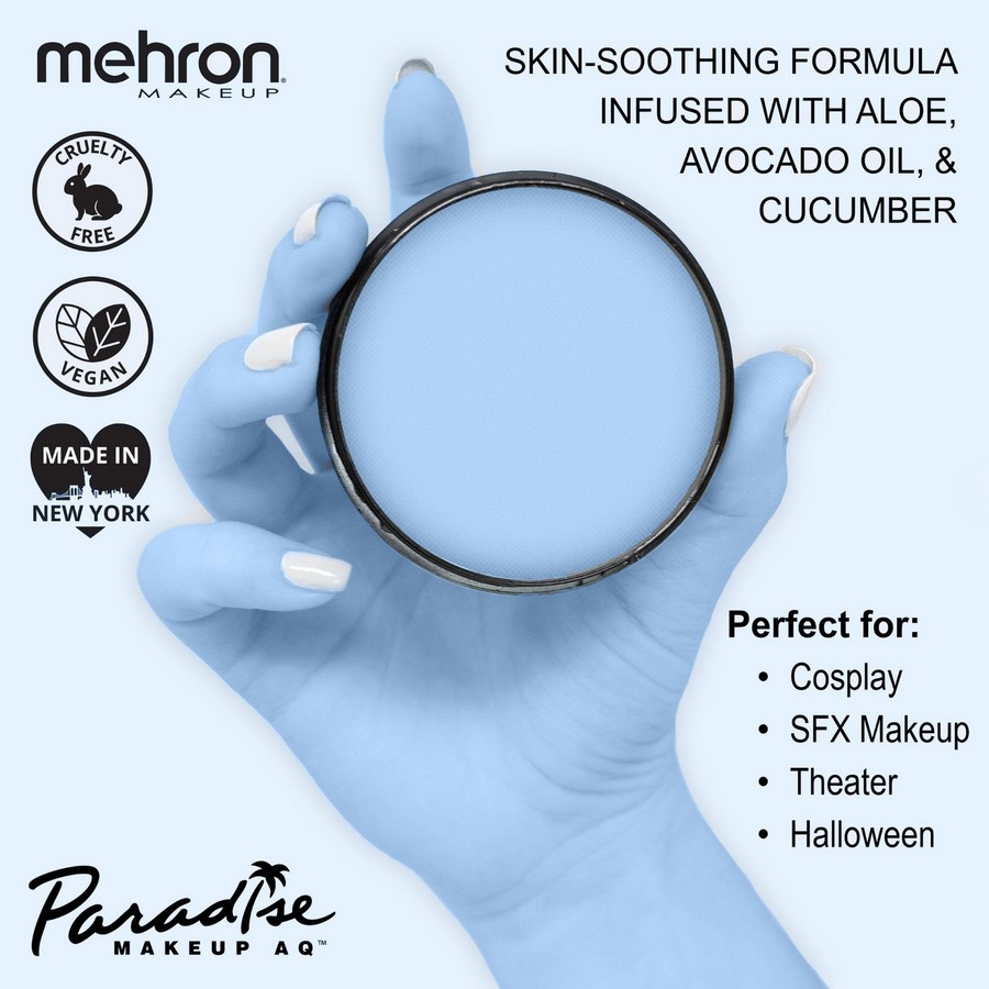 Productinformatie van Mehron Paradise Makeup AQ Pastel Blue schmink met verzorgende ingrediënten, verkrijgbaar bij SchminkenGrime.nl