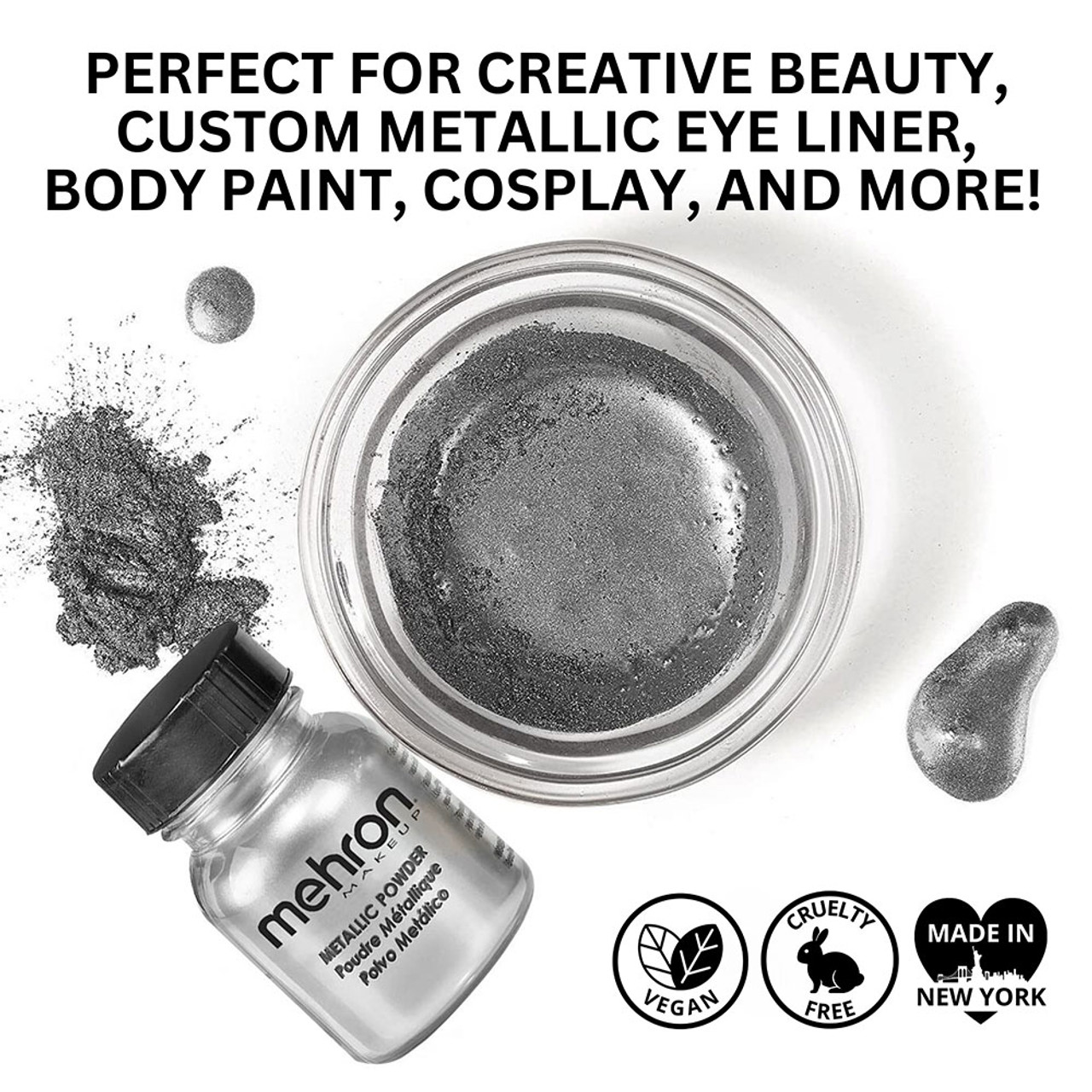 Mehron Metallic Powder Silver – creatieve zilverpoeder make-up kopen bij SchminkenGrime.nl Mehron Metallic Powder Silver – vegan & cruelty-free zilverpoeder voor bodypaint, oogmake-up en cosplay