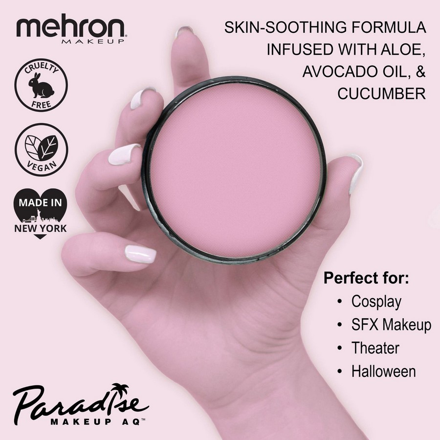 Details van Mehron Paradise AQ™ Pastel Mauve – SchminkenGrime.nl Informatieafbeelding van Mehron Paradise Makeup AQ™ Pastel Mauve met ingrediënten en toepassingen, verkrijgbaar bij SchminkenGrime.nl