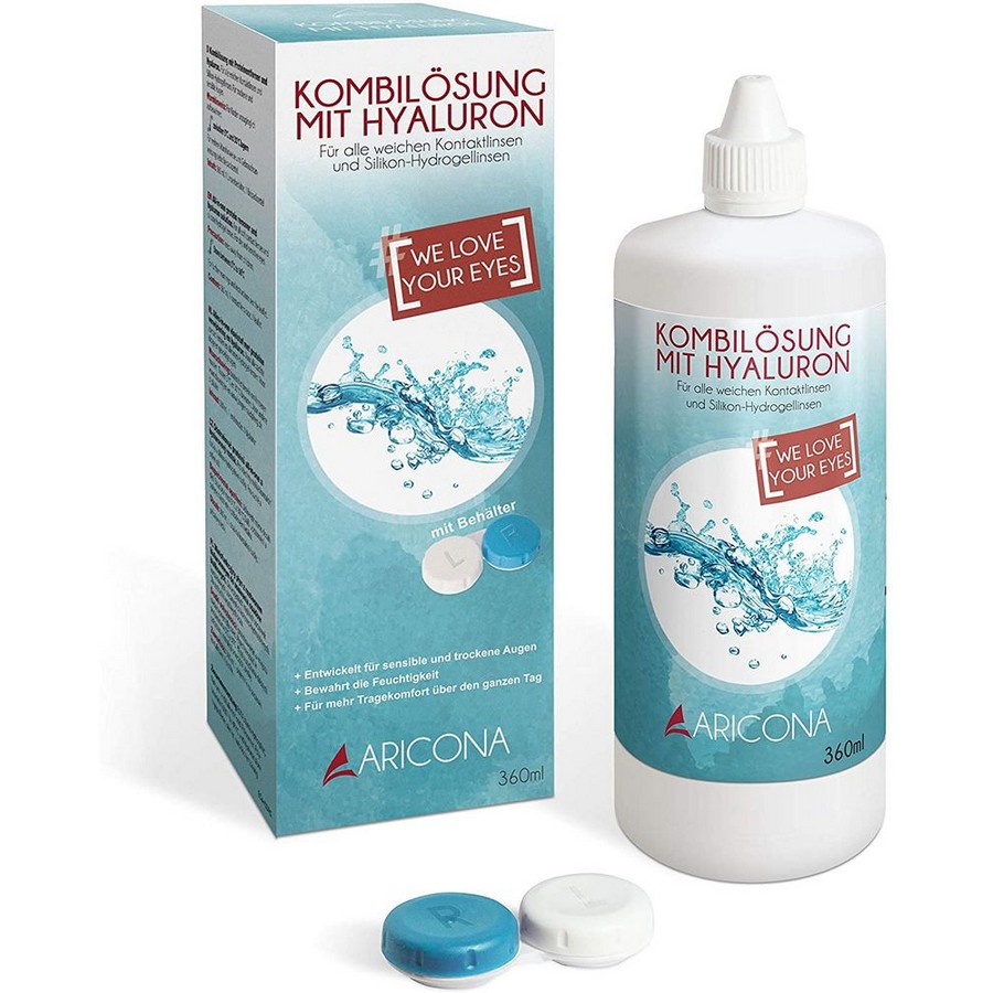 Aricona Hyaluron Care Solution 360 ml lenzenvloeistof met lenzendoosje voor kleurlenzen, verkrijgbaar bij SchminkenGrime.nl