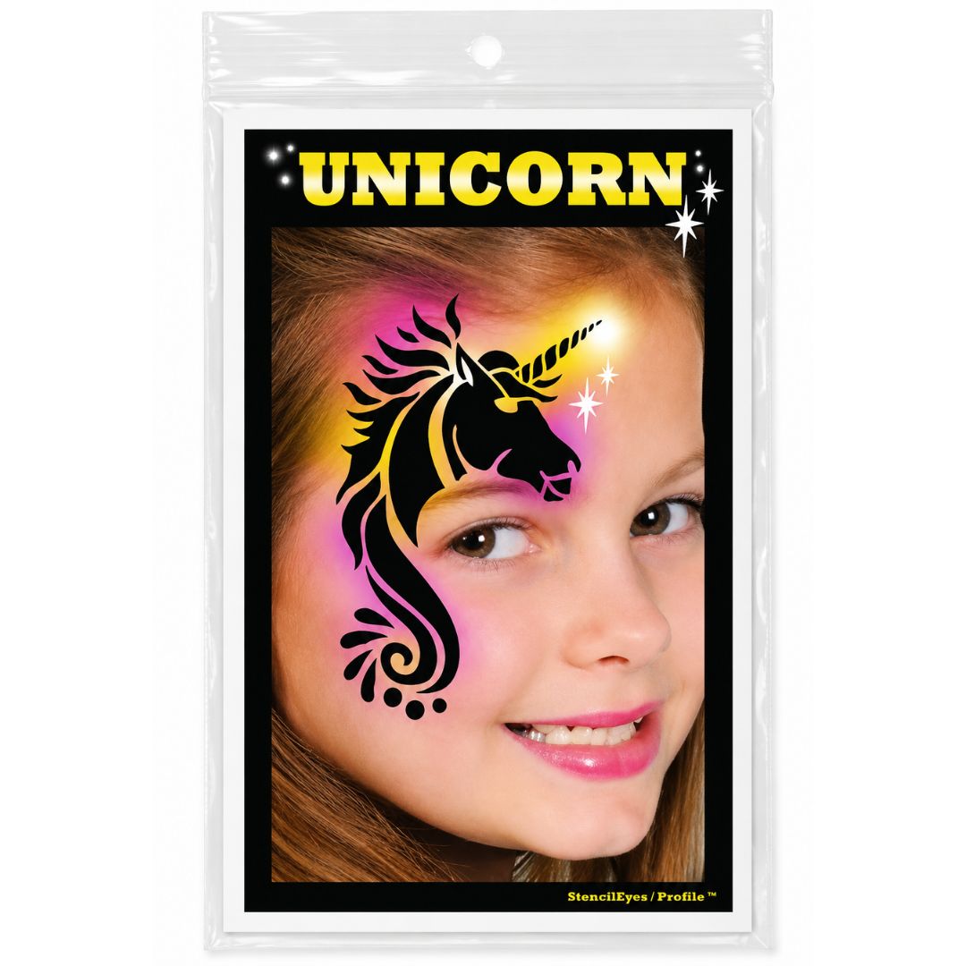 ProAiir Profile Stencil Unicorn met een sierlijke eenhoornvorm voor dromerige schminkdesigns, perfect voor fantasielooks, verkrijgbaar bij SchminkenGrime.nl
