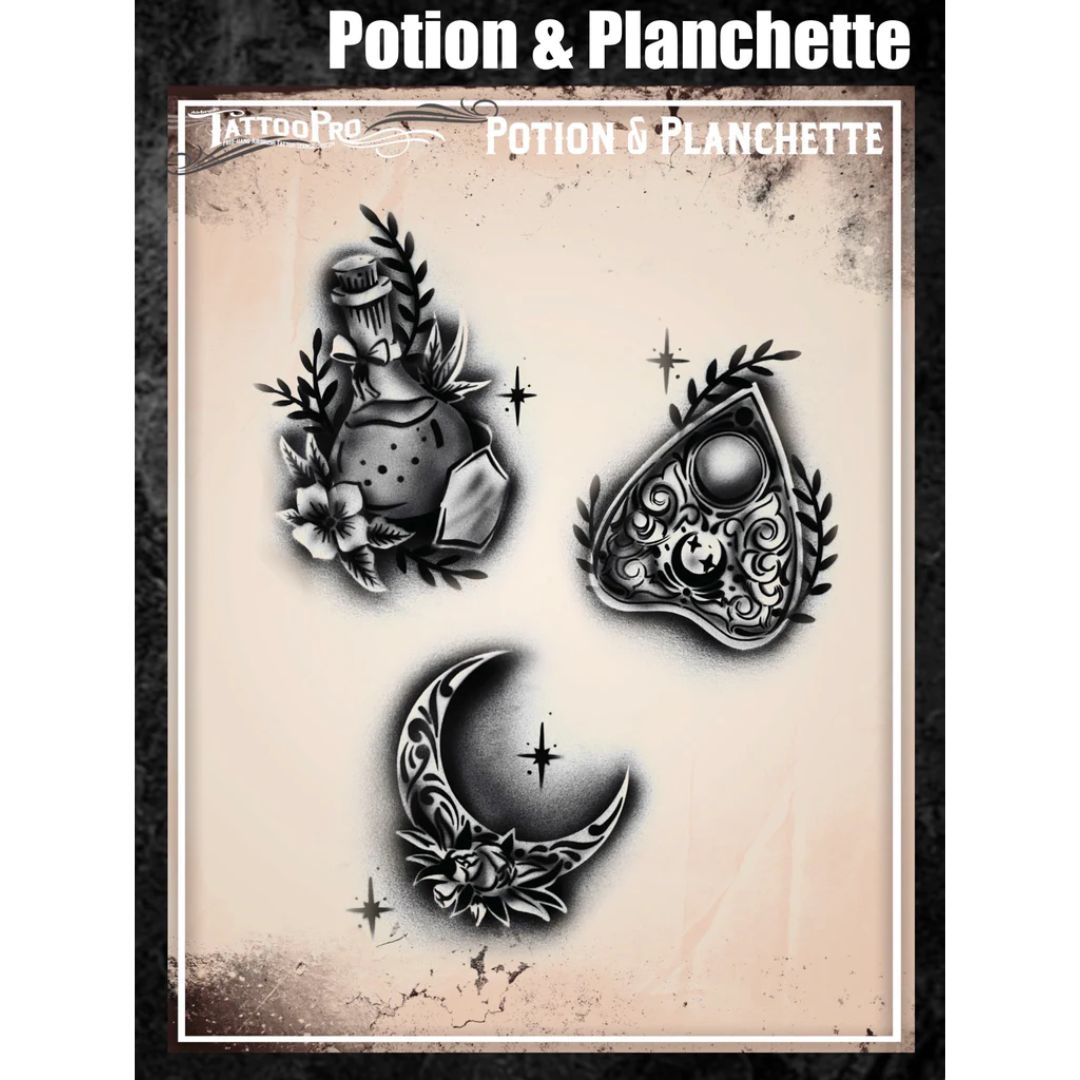 Wiser's Airbrush TattooPro Stencil – Potion & Planchette, sjabloon met heksenfles en ouijabord planchette ontwerp, inclusief verpakking, geschikt voor airbrush tattoo en SFX werk, verkrijgbaar bij SchminkenGrime.nl