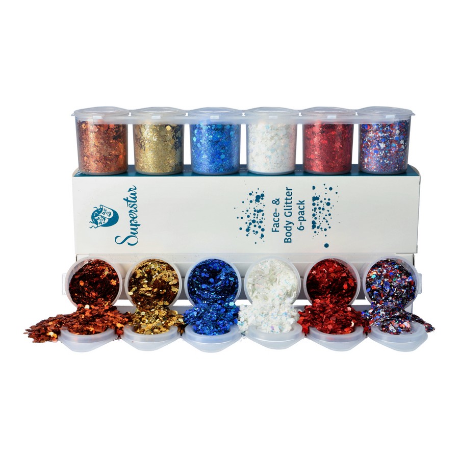 Superstar Chunky Glitterset Celebration met rood, wit, blauw, oranje, goud en glittermix, verkrijgbaar bij SchminkenGrime.nl