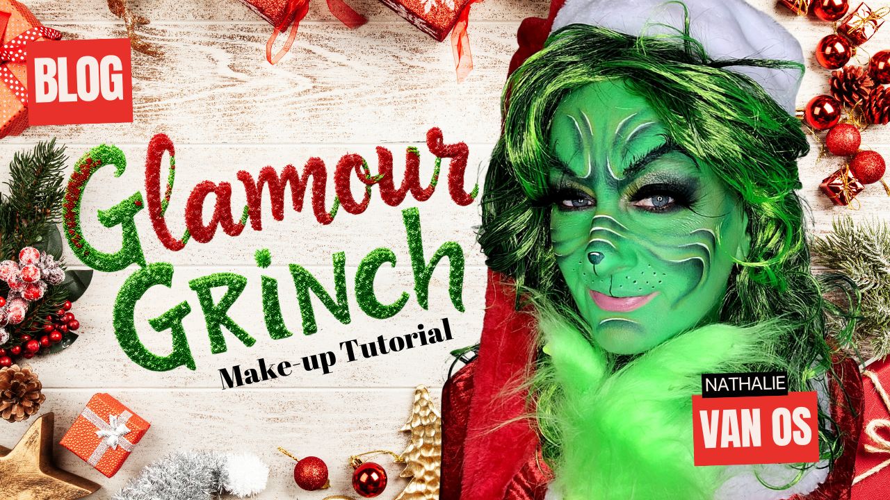 Glamour Grinch schmink tutorial afbeelding, stap-voor-stap handleiding voor een feestelijke look.