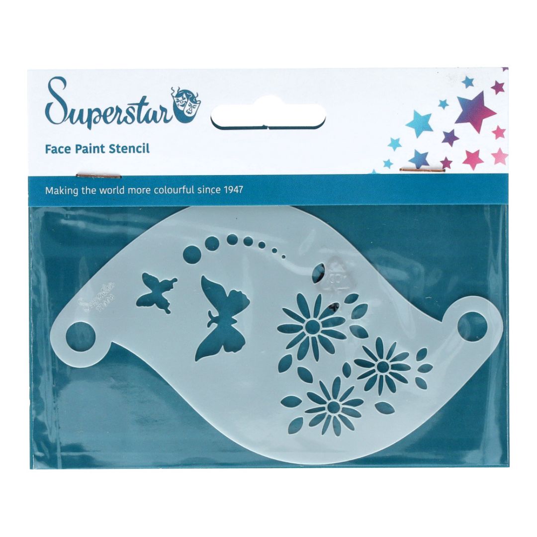 Superstar schminksjabloon Flower Power – verkrijgbaar bij SchminkenGrime.nl Superstar schminksjabloon Flower Power met bloemen en vlinders, geschikt voor vrolijke schminklooks, verkrijgbaar bij SchminkenGrime.nl