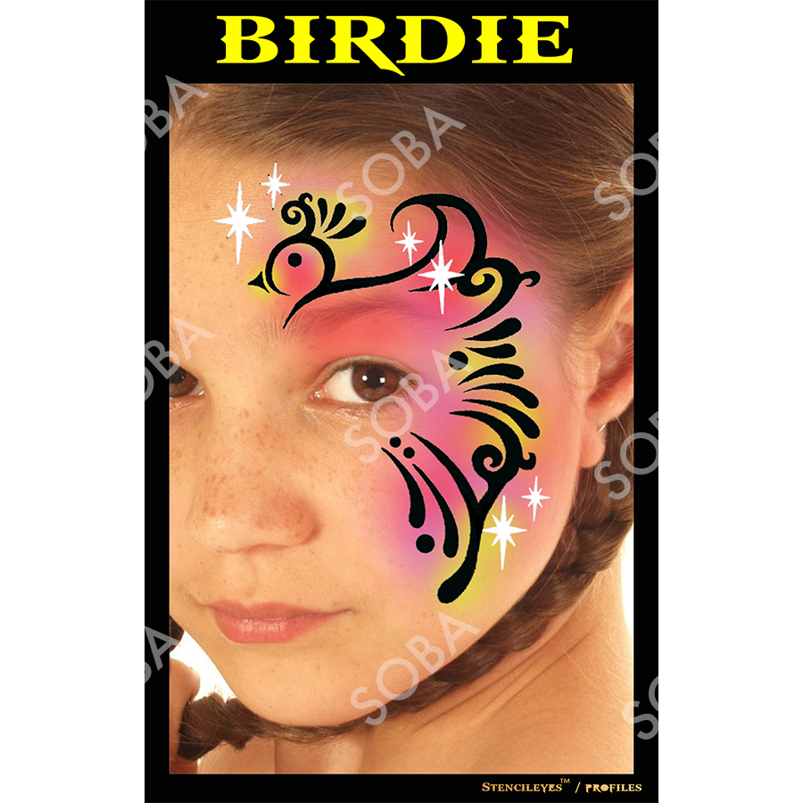 ProAiir Profile Stencil Birdie met een elegant vliegend vogeltje, perfect voor zachte en dromerige schminkontwerpen, verkrijgbaar bij SchminkenGrime.nl