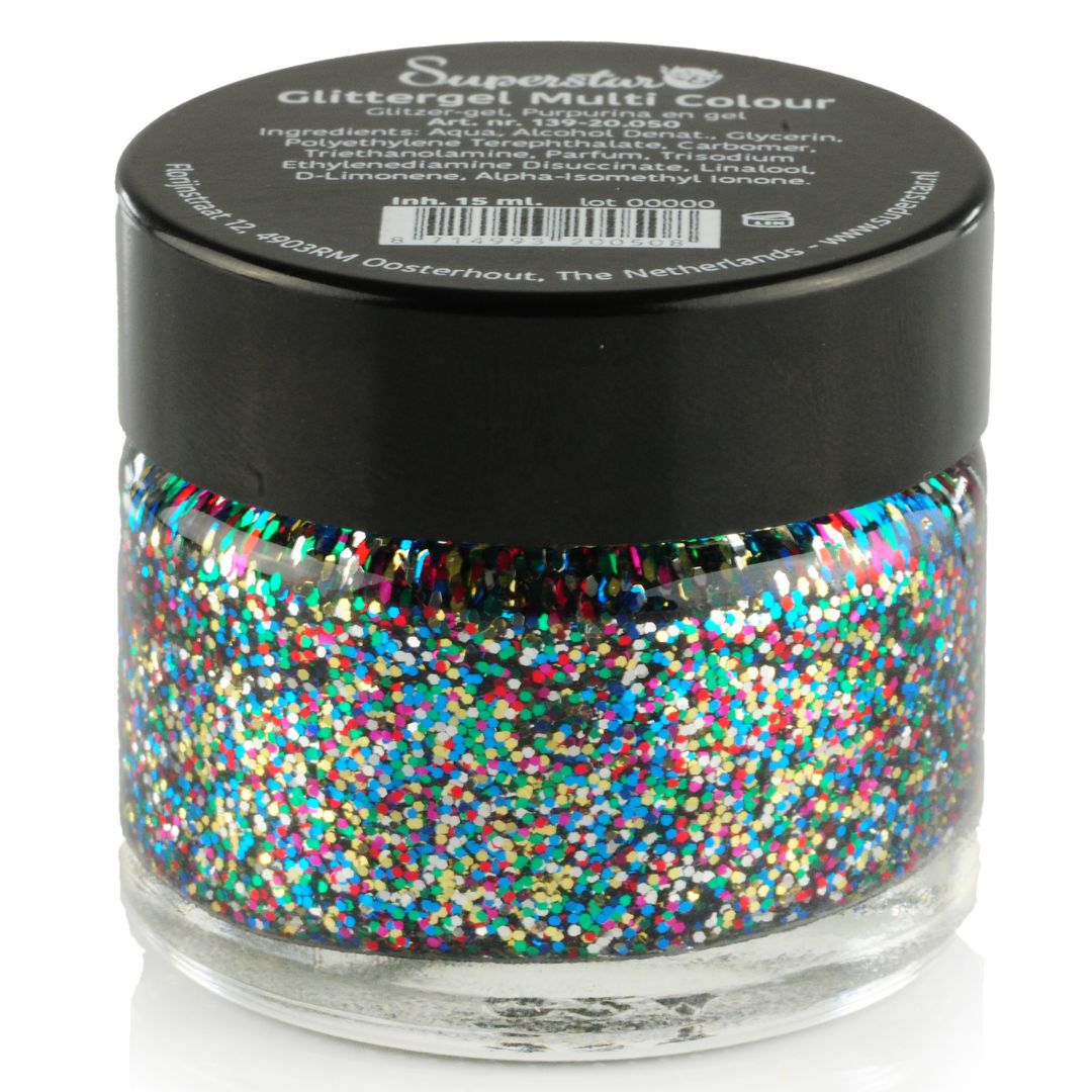 Superstar Glittergel Bont 15ml met dynamische combinatie van kleuren en glitters, verkrijgbaar bij SchminkenGrime.nl