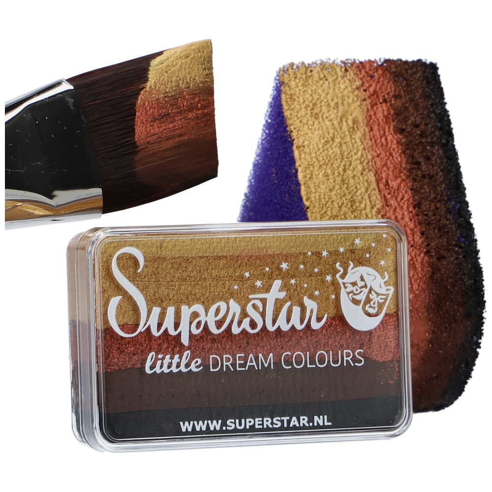 Toepassing van Superstar Safari schmink met penseel | SchminkenGrime.nl Superstar Little Dream Colours Safari in gebruik met penseel – te koop bij SchminkenGrime.nl