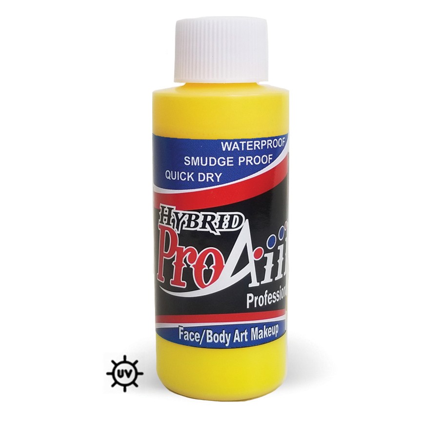 ProAiir Hybrid Uranium 60ml fles met gele watervaste airbrush schmink, intens gepigmenteerd en geschikt voor blacklight, verkrijgbaar bij SchminkenGrime.nl