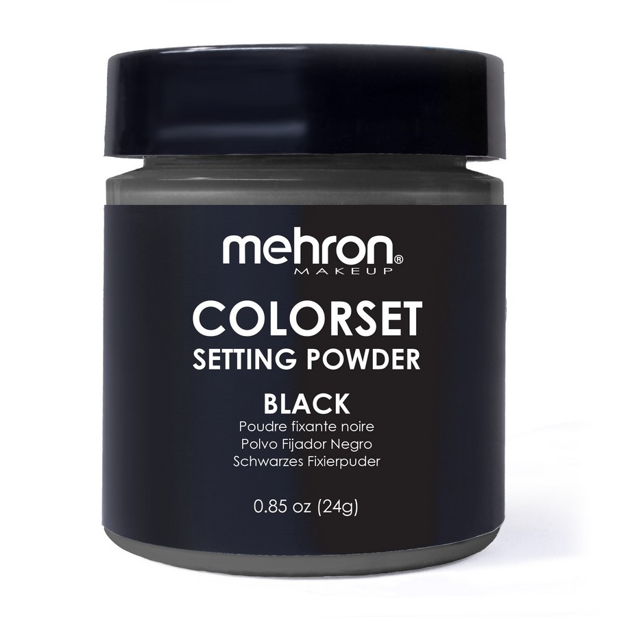 Potje Mehron Colorset Powder Bold Zwart van 24 gram, zwarte setting powder met zwarte schroefdeksel.