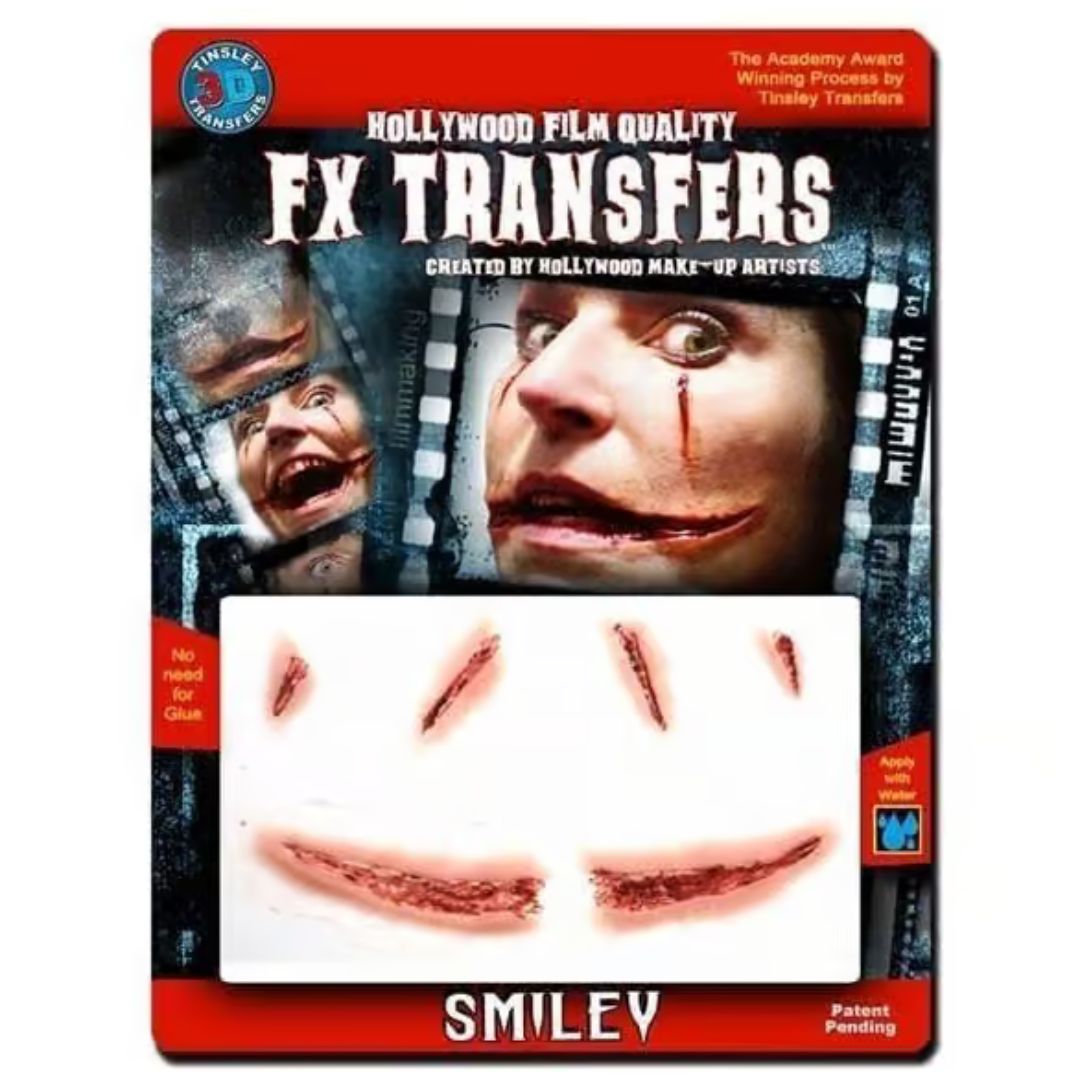 Tinsley Transfers Smiley 3D FX Transfer in verpakking met voorbeeldwond, verkrijgbaar bij SchminkenGrime.nl Productverpakking van de Tinsley Transfers Smiley 3D FX Transfer met realistisch wondvoorbeeld, verkrijgbaar bij SchminkenGrime.nl