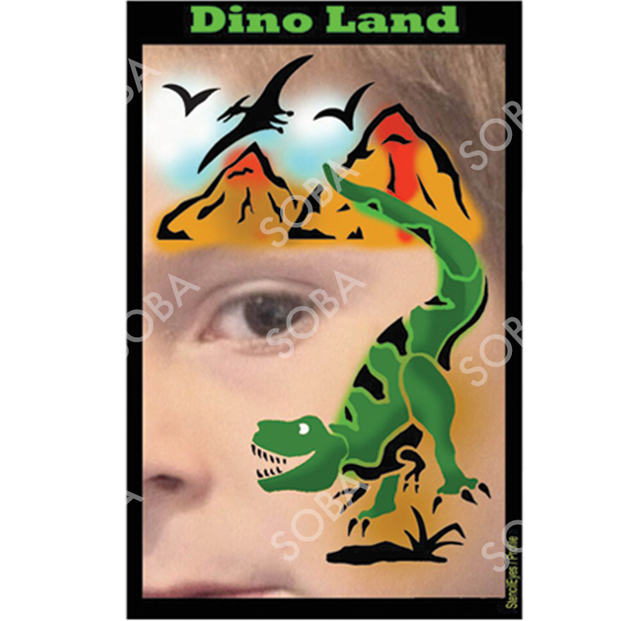 ProAiir Profile Stencil Dino Land met dinofiguren zoals een T-Rex en voetafdrukken, perfect voor stoere schminkdesigns, verkrijgbaar bij SchminkenGrime.nl