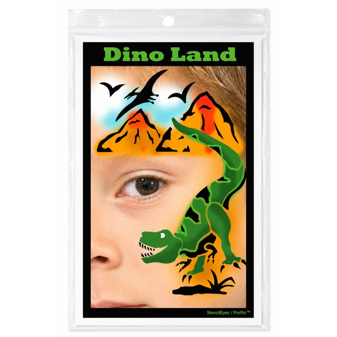 ProAiir Profile Stencil Dino Land met dinofiguren zoals een T-Rex en voetafdrukken, perfect voor stoere schminkdesigns, verkrijgbaar bij SchminkenGrime.nl
