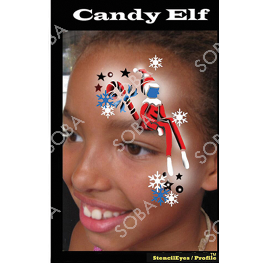 ProAiir Profile Stencil Candy Elf met vrolijke kerstelementen en elfdetails, perfect voor feestelijke schminklooks, verkrijgbaar bij SchminkenGrime.nl