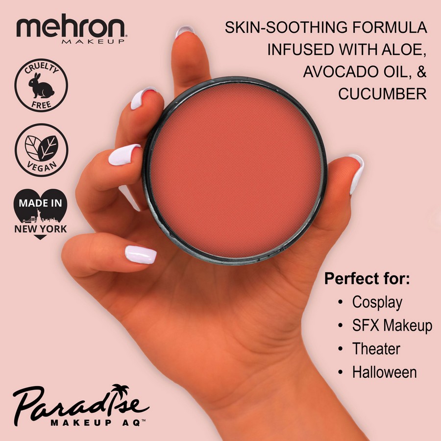 Coral schmink van Mehron Paradise met kenmerken als vegan & cruelty-free, SchminkenGrime.nl Coral schmink van Mehron Paradise gepresenteerd in hand, met info over ingrediënten en gebruik, plus iconen voor vegan en cruelty-free – SchminkenGrime.nl