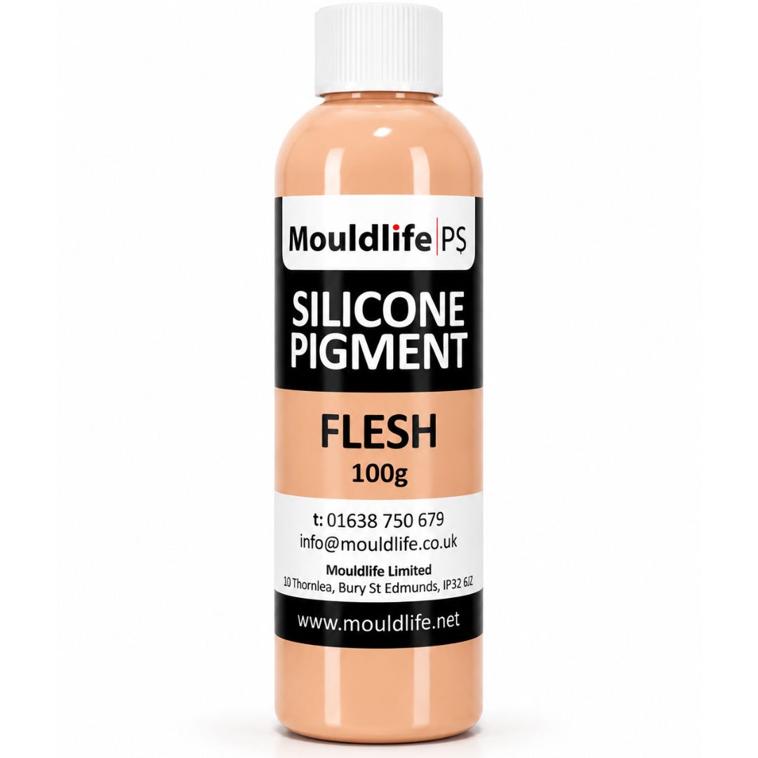Mouldlife Silicone Pigment Light Flesh 100 gram, sterk geconcentreerd pigment om silicone zoals Platsil mee in te kleuren; één druppel kleurt al, ideaal voor SFX-werk verkrijgbaar bij SchminkenGrime.nl