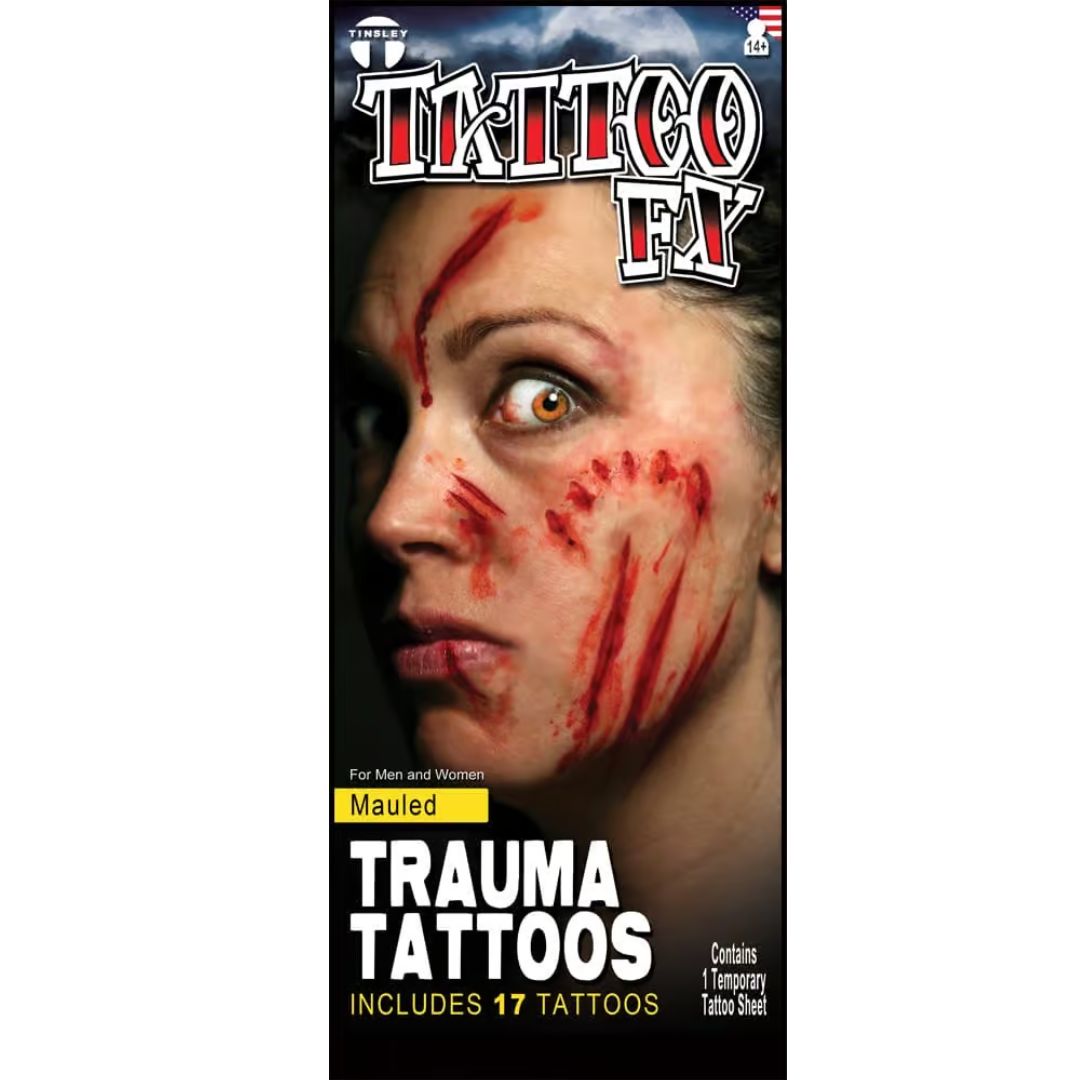 Tinsley Transfers Tattoo Mauled verpakking, verkrijgbaar bij SchminkenGrime.nl Verpakking van Tinsley Transfers Tattoo Mauled met realistische krassen, verkrijgbaar bij SchminkenGrime.nl