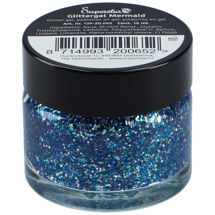 superstar glittergel mermaid 15ml, turquoise glittergel voor creatieve schminkstijlen, verkrijgbaar bij SchminkenGrime.nl Superstar Glittergel Mermaid 15ml met schitterende mix van blauwe en groene glitters, verkrijgbaar bij SchminkenGrime.nl
