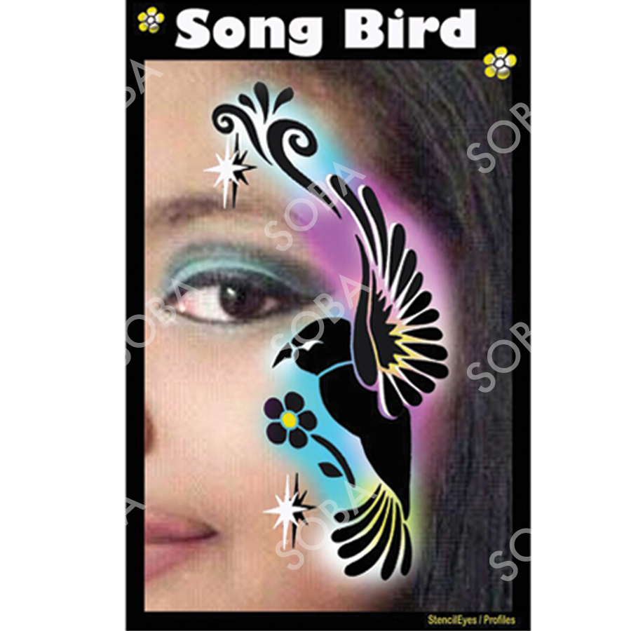 ProAiir Profile Stencil Song Bird met een schattig zangvogeltje en muzieknoot, perfect voor lieve of vrolijke schminkdesigns, verkrijgbaar bij SchminkenGrime.nl