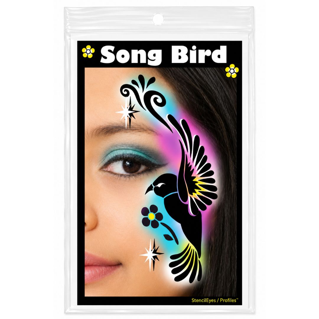 ProAiir Profile Stencil Song Bird met een schattig zangvogeltje en muzieknoot, perfect voor lieve of vrolijke schminkdesigns, verkrijgbaar bij SchminkenGrime.nl