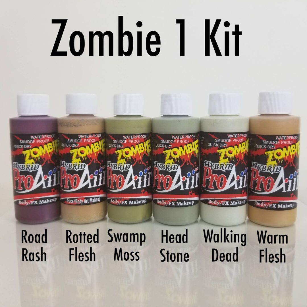 ProAiir Hybrid Zombie Pack 1 – 6 kleuren airbrush make-up, verkrijgbaar bij SchminkenGrime.nl ProAiir Hybrid Zombie Pack 1 met zes flesjes airbrush make-up van 30ml in zombiekleuren, geschikt voor SFX en schmink, verkrijgbaar bij SchminkenGrime.nl