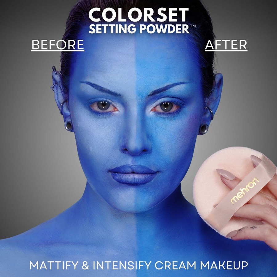 Mehron Colorset Powder Bold Blauw, talkvrij en vegan fixeerpoeder dat je look urenlang op zijn plek houdt.