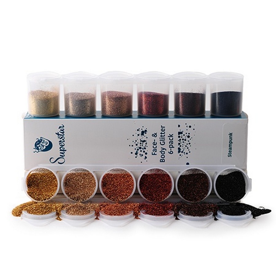 Superstar Steampunk Glitter 6-pack, fijne glitters voor schmink en glittertattoos, verkrijgbaar bij SchminkenGrime.nl
