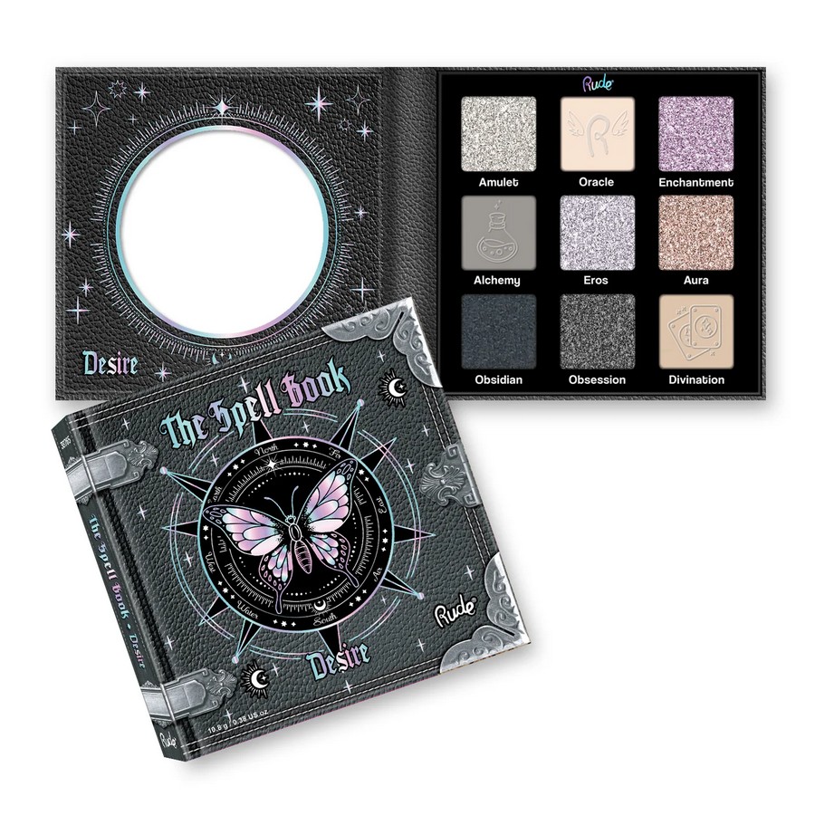 Rude Cosmetics Spell Book Palette Desire - cool-toned neutrale kleuren, verkrijgbaar bij SchminkenGrime.nl Desire palette met koele neutrale tinten en zachte highlights, verkrijgbaar bij SchminkenGrime.nl