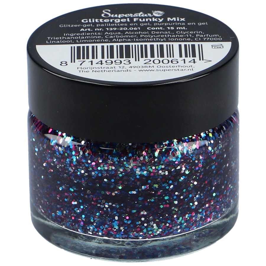 superstar glittergel funky 15ml, speelse en kleurrijke glittergel, perfect voor facepaint, verkrijgbaar bij SchminkenGrime.nl Superstar Glittergel Funky 15ml met felle tinten glitter, ideaal voor creatieve make-up, verkrijgbaar bij SchminkenGrime.nl