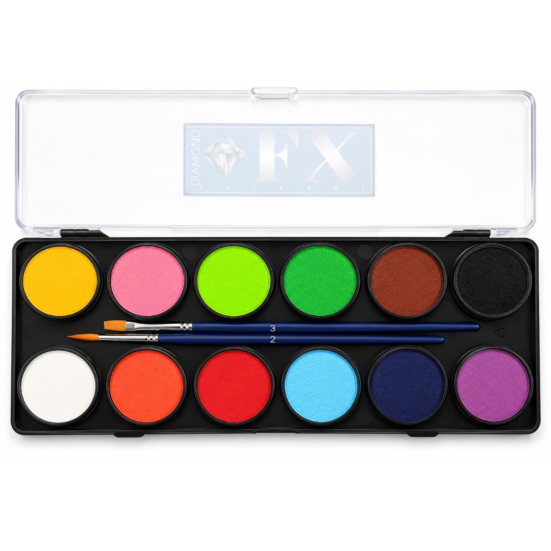 Basis schminkpalette van Diamond FX met essentiële kleuren voor veelzijdig gebruik, verkrijgbaar bij SchminkenGrime.nl